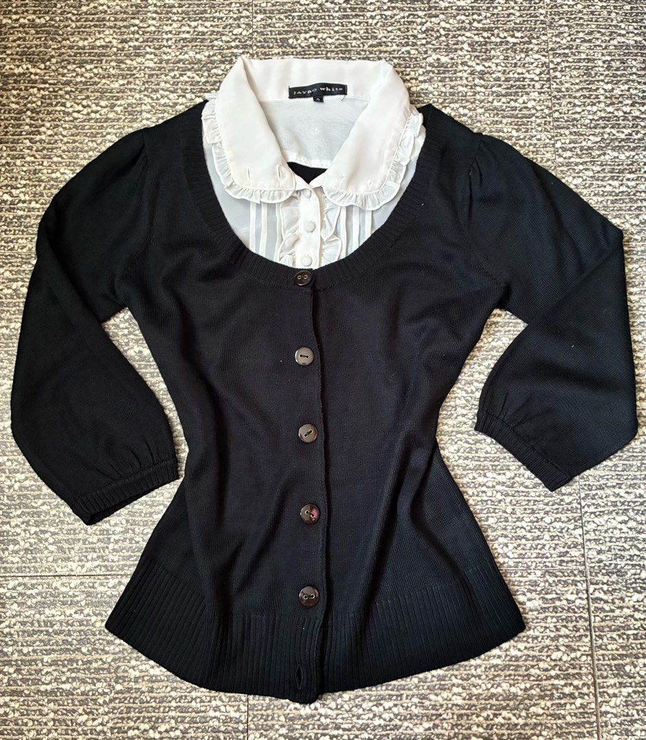 Jayro White Black Cardigan with Ruffled Collar Blouse (Category: Blouses) located in Cabanatuan. Submitted by shallalaks (Listing ID 1445122170, Image 1). Description: - Xs - Med keri - Black button-up 2 way cardigan - Puff sleeves - Detachable sheer white blouse collar with ruffled details .