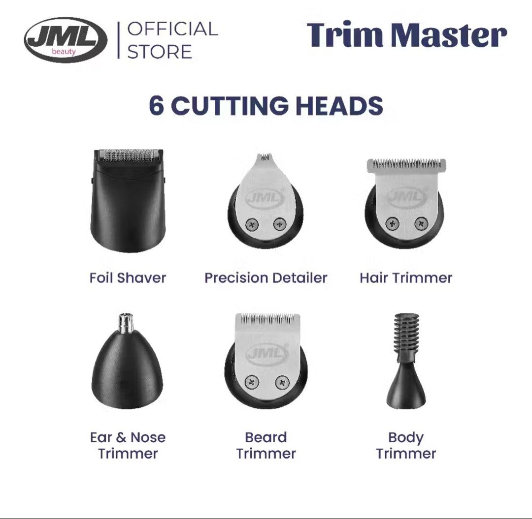 JML Trim Master 15-in-1 Cordless Grooming Kit (Category: Hair) located in Paranaque City. Submitted by alyykim (Listing ID 1445083065, Image 3). Description: - JML Trim Master 15-in-1 Grooming Kit - Includes 6 cutting heads: - Foil shaver (used once) - Precision detailer - Hair trimmer - Ear & nose trimmer - Beard trimmer (used once) - Body trimmer - Comes with 9 accessories (all unused) - storage stand included - Rechargeable and cordless design