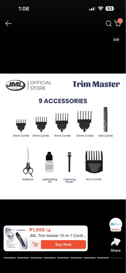 JML Trim Master 15-in-1 Cordless Grooming Kit (Category: Hair) located in Paranaque City. Submitted by alyykim (Listing ID 1445083065, Image 2). Description: - JML Trim Master 15-in-1 Grooming Kit - Includes 6 cutting heads: - Foil shaver (used once) - Precision detailer - Hair trimmer - Ear & nose trimmer - Beard trimmer (used once) - Body trimmer - Comes with 9 accessories (all unused) - storage stand included - Rechargeable and cordless design