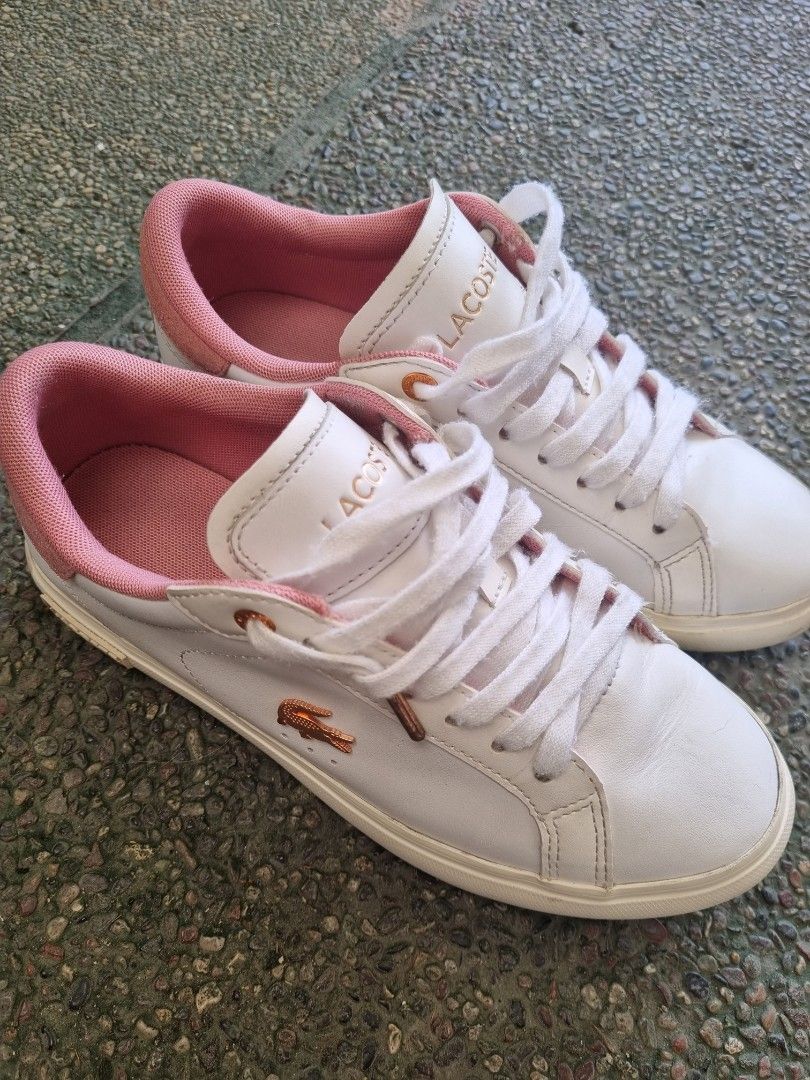 Lacoste White Pink Leather Sneakers (Category: Sneakers) located in Pasay City. Submitted by 4lesstuff (Listing ID 1445047488, Image 3). Description: - White leather sneakers - Pink interior lining - Rose gold Lacoste logo detail on the side - Size: 5.5 UK - Ideal for casual wear.