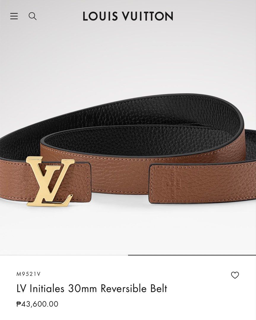 Louis Vuitton LV Initiales 30mm Reversible Belt M9521V (Category: Belts) located in Taguig. Submitted by laramagbalana (Listing ID 1445166977, Image 2). Description: - Authentic Louis Vuitton Belt - Gold LV Initials Buckle - Reversible: Brown on one side, Black on the other - Width: 30mm - Size: 80 - Includes Dust Bag and Box - Tag still attached.