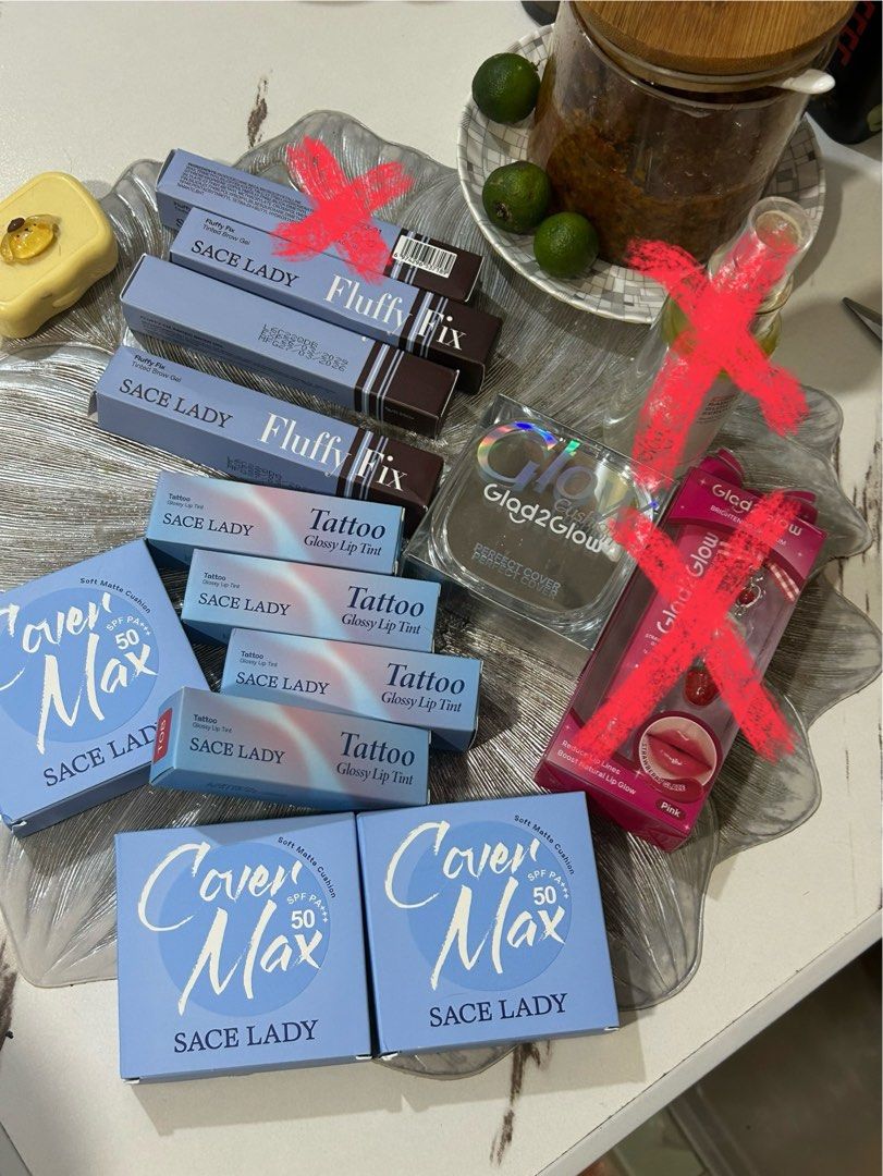 MAKEUP BUNDLE SET (Category: Makeup) located in Manila. Submitted by 1tarotaro_ (Listing ID 1445162363, Image 1). Description: TAKE ALL❣️ Galing pr box lahat, swatched only for video content presyuhan nyo and will give if reasonable price Sace Lady Covermax Cushion Shade: • #01 Light Natural • #05 Warm Natural • #07 Rich Tan Sacelady Fluffy fix brow gel: • #01 • #03 • #04 Sace Lady Tattoo Glossy liptint: • T02 Sand Ink • T03 Mauve Ink • T05 Sunse