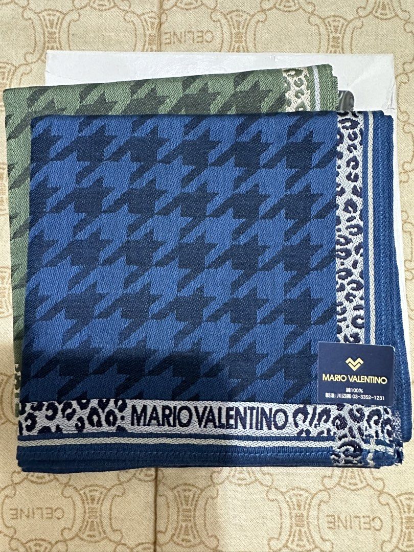 Mario Valentino Houndstooth Handkerchiefs (Category: Scarves) located in Naga. Submitted by bag.net (Listing ID 1445084112, Image 3). Description: - Set of two Mario Valentino handkerchiefs (From Japan-brandnew with box)guaranteed original 💯 ₱250 each , bundle price ₱450 -Unisex design (premium quality) - Classic houndstooth pattern - Colors: One blue, one green - Unique leopard print trim on both - Features printed Mario Valentino brand name - 