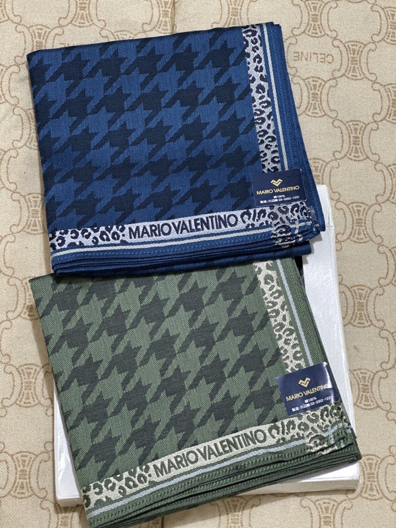 Mario Valentino Houndstooth Handkerchiefs (Category: Scarves) located in Naga. Submitted by bag.net (Listing ID 1445084112, Image 1). Description: - Set of two Mario Valentino handkerchiefs (From Japan-brandnew with box)guaranteed original 💯 ₱250 each , bundle price ₱450 -Unisex design (premium quality) - Classic houndstooth pattern - Colors: One blue, one green - Unique leopard print trim on both - Features printed Mario Valentino brand name - 