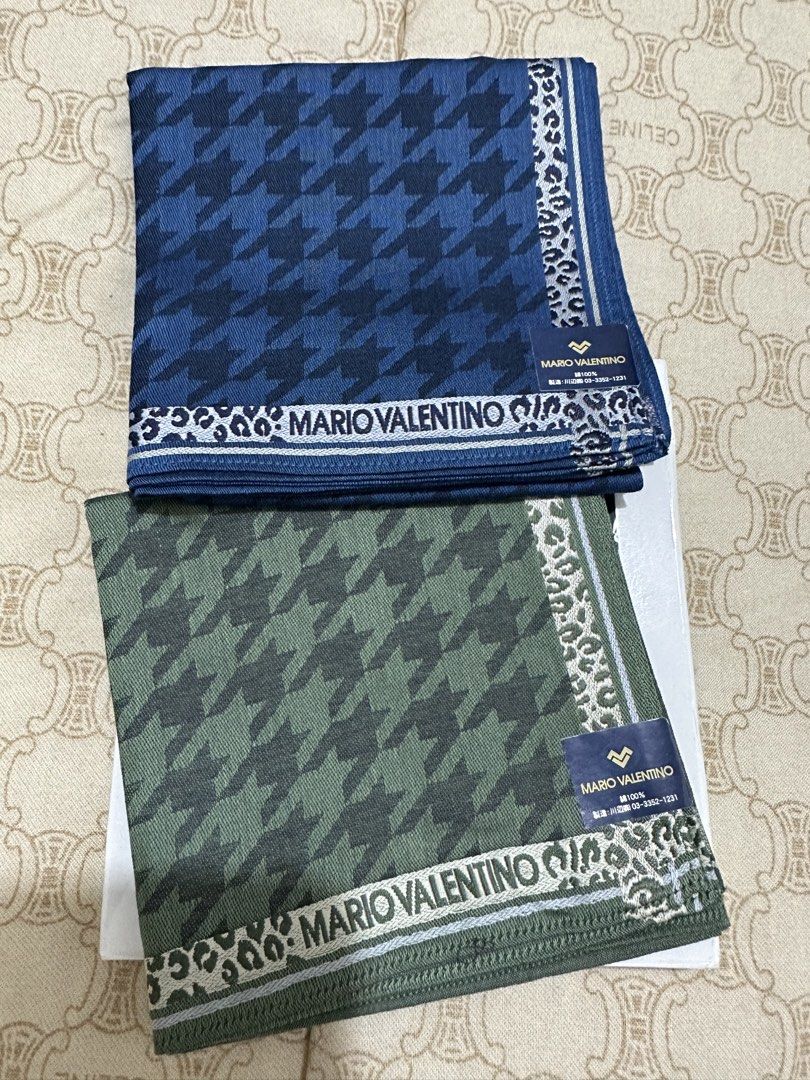 Mario Valentino Houndstooth Handkerchiefs (Category: Scarves) located in Naga. Submitted by bag.net (Listing ID 1445084112, Image 2). Description: - Set of two Mario Valentino handkerchiefs (From Japan-brandnew with box)guaranteed original 💯 ₱250 each , bundle price ₱450 -Unisex design (premium quality) - Classic houndstooth pattern - Colors: One blue, one green - Unique leopard print trim on both - Features printed Mario Valentino brand name - 