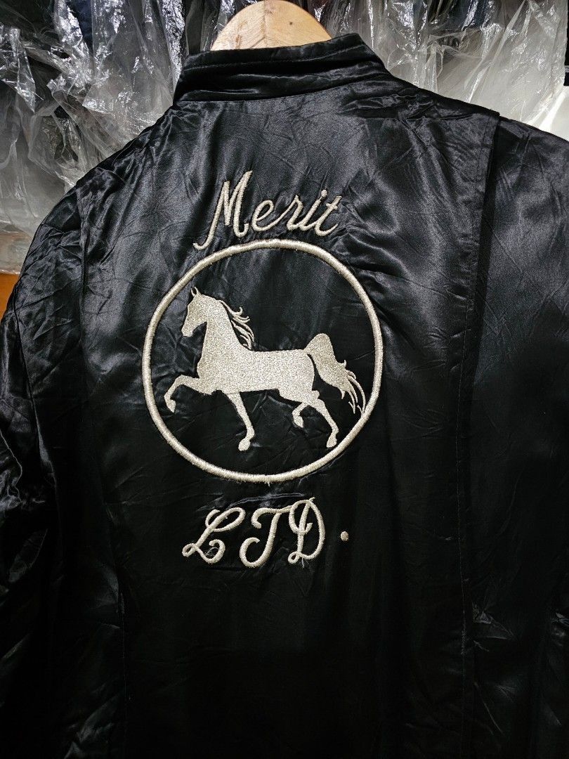 Merit LTD. Black Satin Bomber Jacket (Category: Coats, Jackets and Outerwear) located in Las Pinas. Submitted by noblethreads (Listing ID 1445197985, Image 3). Description: Black Satin Bomber Jacket Size: Medium Dimensions: 21x25 280+sf.