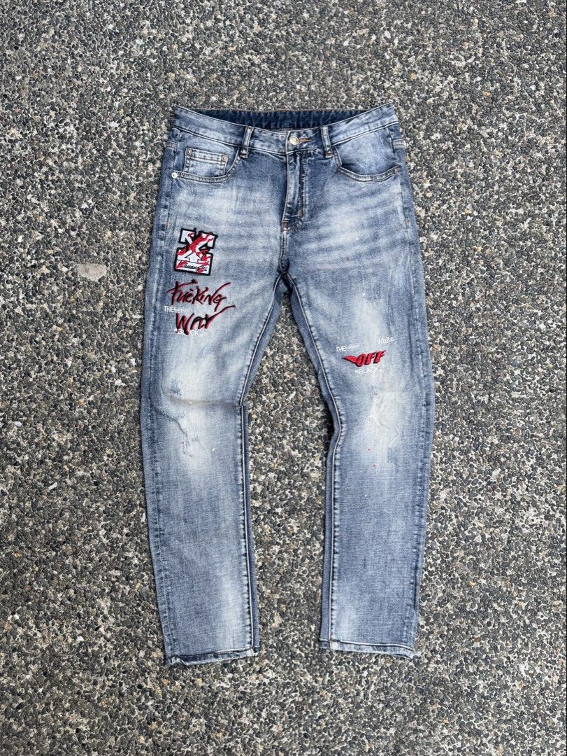 Off-White Slim Jeans (Category: Jeans) located in Manila. Submitted by ellaux (Listing ID 1445124535, Image 1). Description: off-white embroided jeans * hard denim * mint condition waist : 30 length : 36 thigh : 10 leg hole 7.5.