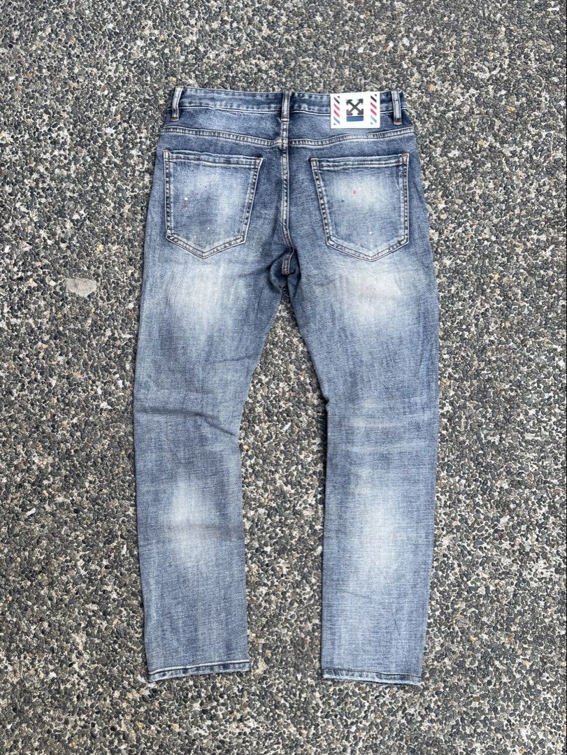 Off-White Slim Jeans (Category: Jeans) located in Manila. Submitted by ellaux (Listing ID 1445124535, Image 2). Description: off-white embroided jeans * hard denim * mint condition waist : 30 length : 36 thigh : 10 leg hole 7.5.