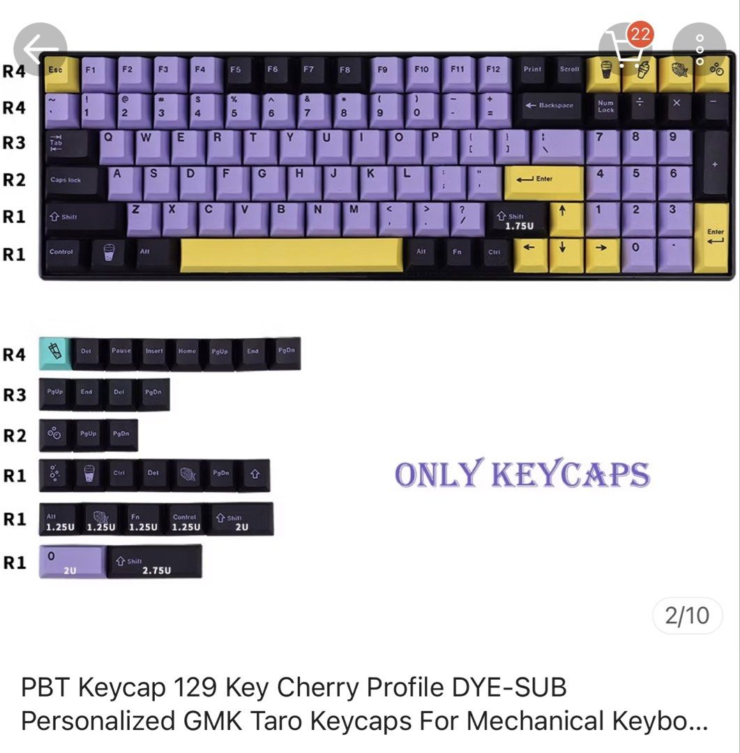 On Hand/Complete: GMK Taro Clone Keycap 129 Keys (Category: Computer Keyboard) located in Quezon City. Submitted by ravencollectibles (Listing ID 1445217390, Image 1). Description: Condition: Lightly Used PRICE: ₱700 Location: Scout/Timog Area, Quezon City MOP: GCash/Maya/COD MOD: Grab/LalaMove/LBC/J&T (Delivery expense by buyer).