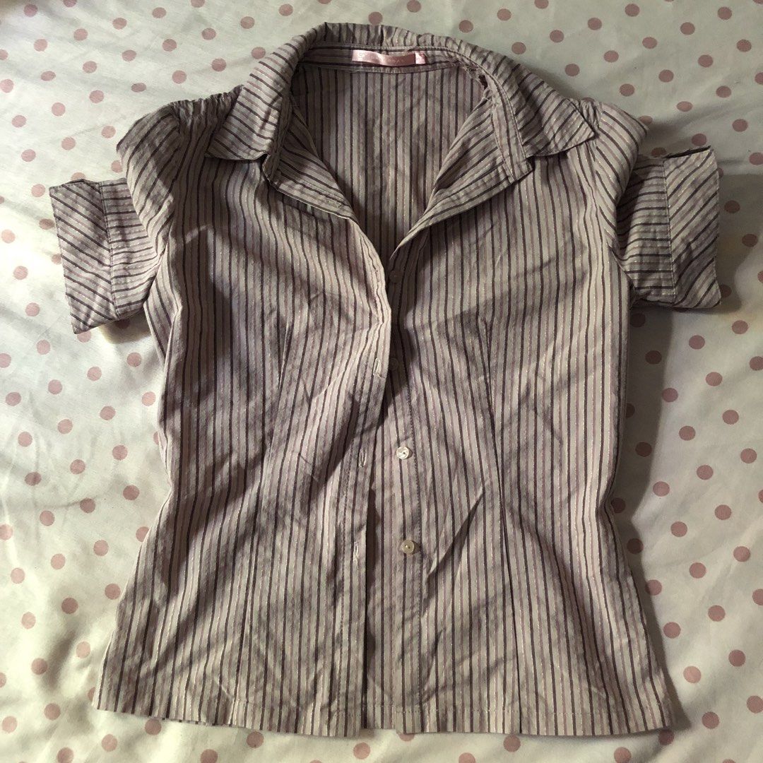 Pink Neapolitan Y2k 00s Striped Button-Up Shirt (Category: Blouses) located in Batangas. Submitted by fairycentral (Listing ID 1445069888, Image 1). Description: - tight around the chest area esp if u have a bigger bust.