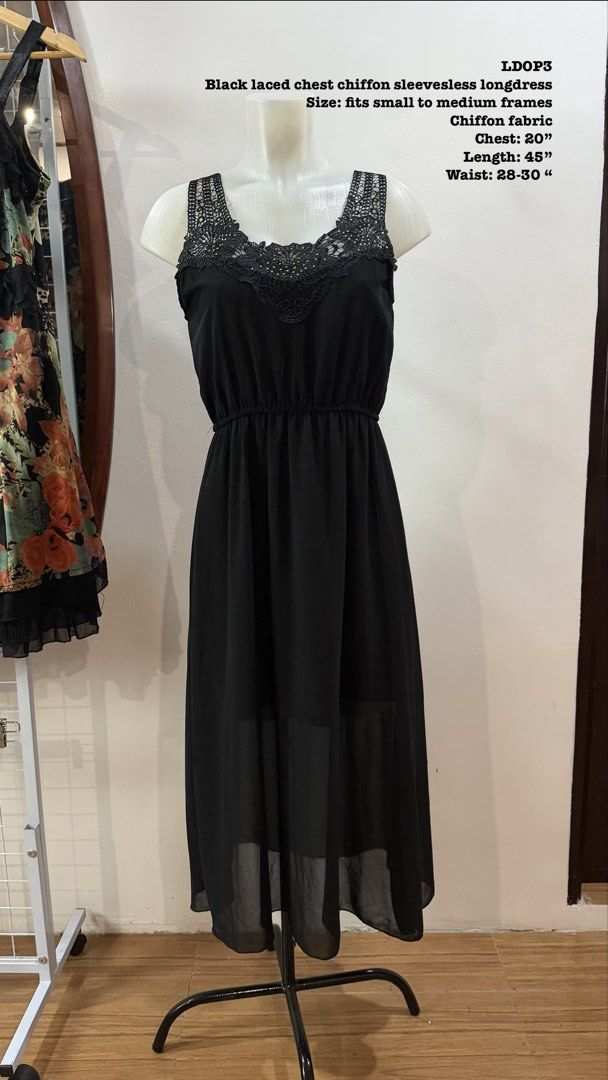 Preloved Black Laced Chiffon Dress (Category: Dresses) located in Bulacan. Submitted by comkay (Listing ID 1445087586, Image 2). Description: LDOP3 Black laced chest chiffon sleevesless longdress Size: fits small to medium frames Chiffon fabric Chest: 20” Length: 45” Waist: 28-30 “ .