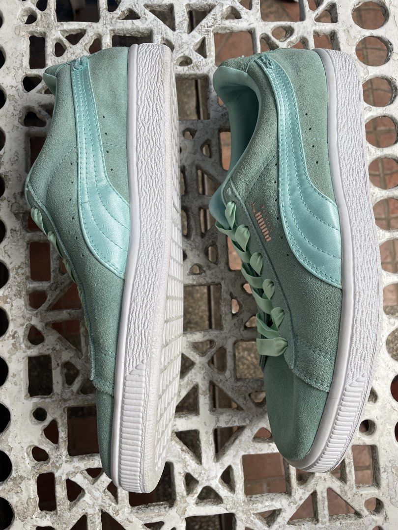Puma Suede Classic Mint Green Sneakers (Category: Sneakers) located in Cainta. Submitted by robbynt (Listing ID 1445118972, Image 2). Description: 👗👟👜 Part of my closet clean-out! Letting go of some of my faves — all preloved and in great shape. From my closet to yours. 😊 ✅ Color - mint green ✅ Size - 245 ✅ Material - suede ✅ Bow at the back has been removed ✅ Major scuffs highlighted in photo ✅Laces are very stretchable ✅ A bit hard to wear 