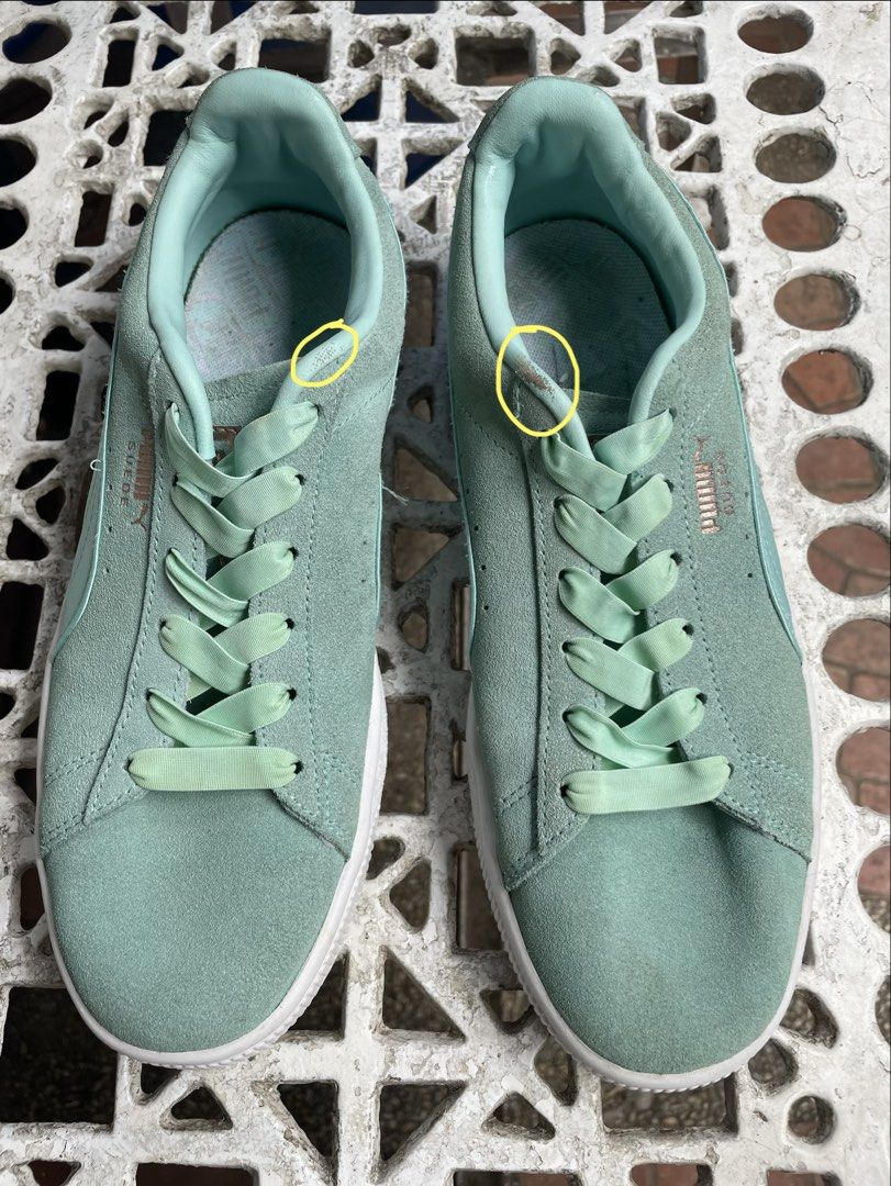 Puma Suede Classic Mint Green Sneakers (Category: Sneakers) located in Cainta. Submitted by robbynt (Listing ID 1445118972, Image 1). Description: 👗👟👜 Part of my closet clean-out! Letting go of some of my faves — all preloved and in great shape. From my closet to yours. 😊 ✅ Color - mint green ✅ Size - 245 ✅ Material - suede ✅ Bow at the back has been removed ✅ Major scuffs highlighted in photo ✅Laces are very stretchable ✅ A bit hard to wear 