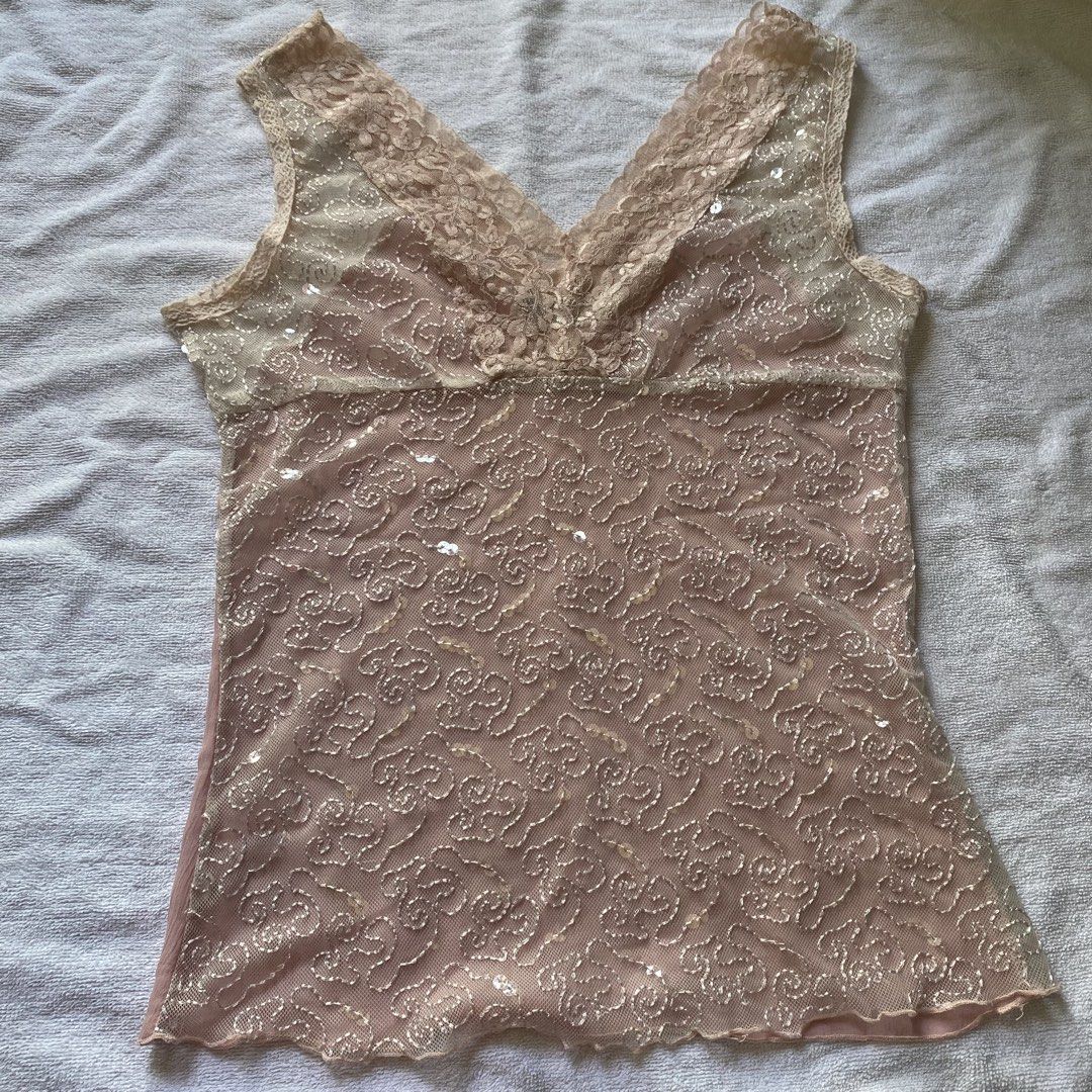 See-Through Pink Lace Sequined Top (Category: Others Tops) located in Taguig. Submitted by floatingpoints (Listing ID 1445139963, Image 1). Description: never used! RFS: not my style ! loc: taguig mod: lalamove/j&t mop: gcash.