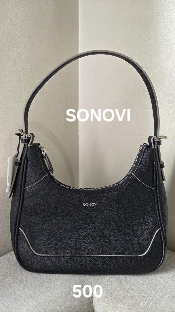 SONOVI bag (Category: Shoulder Bags) located in San Juan City. Submitted by mjdeclutters (Listing ID 1445047934, Image 1). Description: SONOVI black leather hobo bag with signs of usage - see pictures price fixed at 500 decluttering old bags.