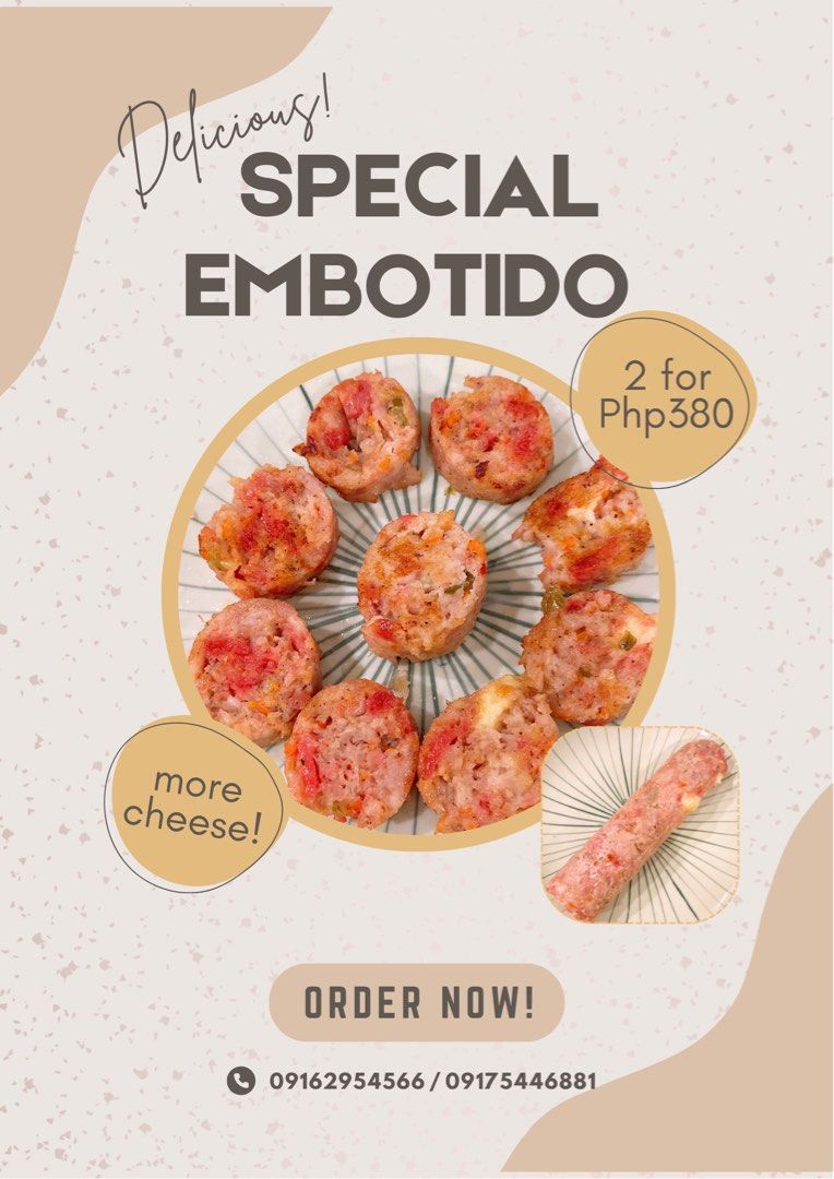 Special Meaty & Cheesy Embotido 2 for 300 (Category: Fresh Produce) located in Quezon City. Submitted by getitonline (Listing ID 1445109030, Image 1). Description: - Special Embotido - Extra cheesy for enhanced flavor - Perfect for any meal or snack - Special Offer: 2 for P380 - Pick up available in Antonio rivera Manila and Quezon City.