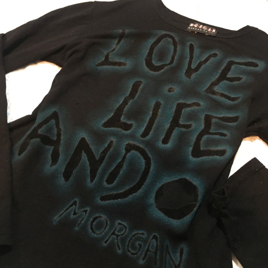 Morgan De Toi Rare Vintage Y2K 2000s Flocked Airbrush Longsleeve Top — Black (no ww) (Category: Longsleeves) located in Santa Rosa. Submitted by katheque.vivre (Listing ID 1445215880, Image 2). Description: ─── ☾ ─── ( item details ) ⋆˚✦┈• vintage morgan de toi y2k flocked airbrush long-sleeve top (black) ⋆˚✦┈• price: 800 PHP ⋆˚✦┈• condition: vintage preloved, good 7.5/10 condition (shows normal light lint/wear). ☆ brand: morgan de toi (vintage) 