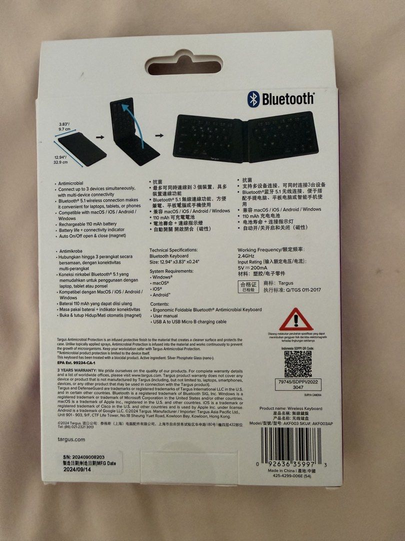 Targus Ergonomic Foldable Bluetooth Antimicrobial Keyboard488267510375393281