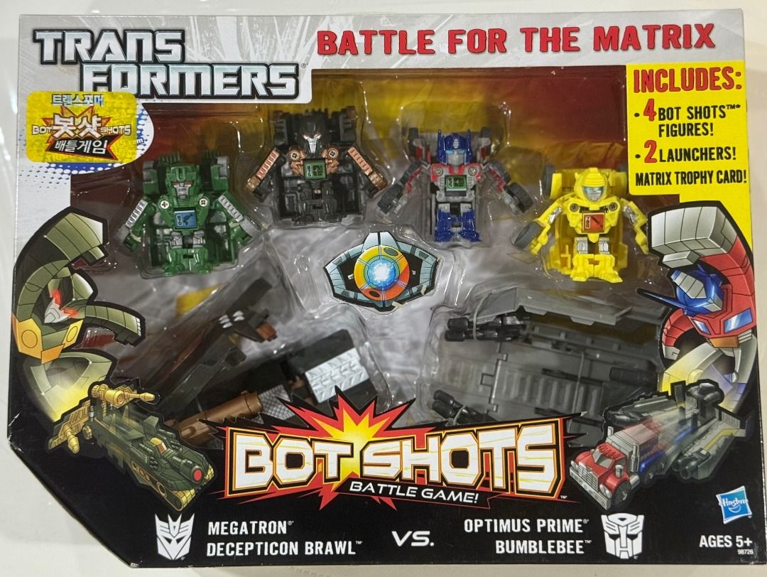 Transformers Bot Shots Battle Game – Sealed (Category: Action & Battle Toys) located in Antipolo. Submitted by thenatalieedit (Listing ID 1445188944, Image 1). Description: • Transformers Bot Shots Battle for the Matrix toy set • Box has storage wear and is in good condition but not mint • Contents are brand new, sealed, and unused • Includes 4 figures: Megatron, Decepticon Brawl, Optimus Prime, Bumblebee • Comes with 2 launchers and a Matrix Tro