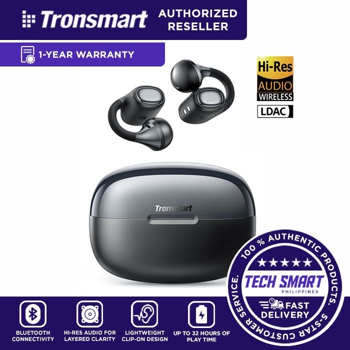 Tronsmart OpenFly Clip 2 Open Ear Clip-On Earbuds (Category: Headphones & Headsets) located in Las Pinas. Submitted by techsmartph (Listing ID 1445096839, Image 1). Description: * Pressure-Free Comfort: Lightweight clip-on design with soft silicone and a flexible titanium memory C-bridge ensures a secure, ergonomic, and pressure-free fit for all-day wear. * Hi-Res Immersive Audio: Hi-Res Wireless and LDAC deliver rich detail and near-lossless sou