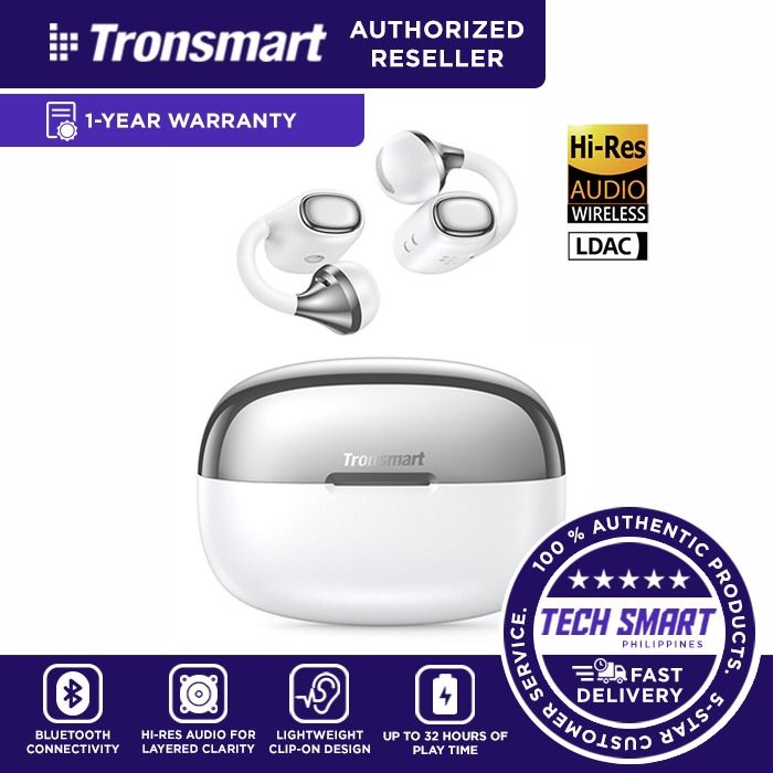 Tronsmart OpenFly Clip 2 Open Ear Clip-On Earbuds (Category: Headphones & Headsets) located in Las Pinas. Submitted by techsmartph (Listing ID 1445096839, Image 2). Description: * Pressure-Free Comfort: Lightweight clip-on design with soft silicone and a flexible titanium memory C-bridge ensures a secure, ergonomic, and pressure-free fit for all-day wear. * Hi-Res Immersive Audio: Hi-Res Wireless and LDAC deliver rich detail and near-lossless sou