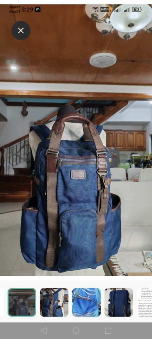 TUMI AUTHENTIC BAGS (Category: Luxury Bags & Wallets) located in Iloilo. Submitted by blancroger_tumi (Listing ID 1445050404, Image 3). Description: - Tumi Authentic Bags - Includes: Rolling carry-on, w way Tote/Backpack, backpack, Body bag - Material: Blue Ballistic nylon with brown leather accents - Versatile: Ideal for travel or daily use - Authentic.
