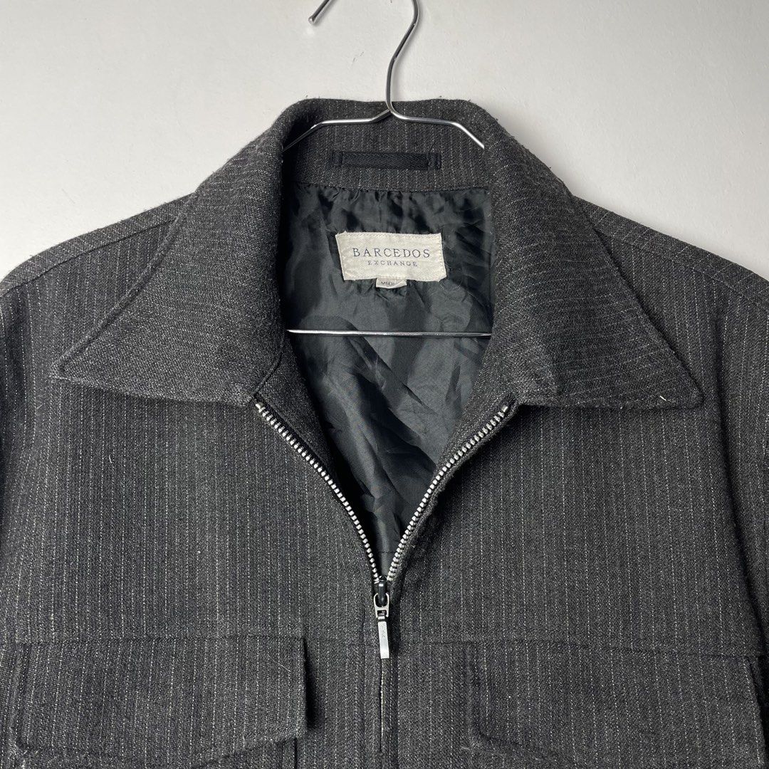 Vintage Barcedos Exchange Zip-Up Pinstripe Wool Jacket (Category: Coats, Jackets and Outerwear) located in Baguio. Submitted by archival.store (Listing ID 1445159130, Image 3). Description: Vintage Barcedos Exchange Zip-Up Pinstripe Wool Jacket Shoulders 18 Chest 18 Sleeves 23 Length 27 Great Condition ₱1800 .