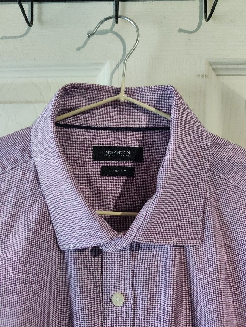 Wharton Long Sleeve Shirt (Pink) (Category: Formal Shirts) located in Muntinlupa City. Submitted by ea.decluttr (Listing ID 1445080260, Image 2). Description: Wharton Long Sleeve Button-Up Shirt Slim-Fit Color: Pink Dimes: Length: 30.5 Chest Width: 21 Arm Sleeve: 24.5 Shoulder: 18.5 Issue: Small stain on collar part, but barely noticeable..