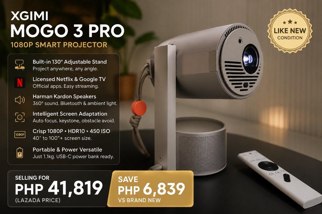 XGIMI Mogo 3 Pro Projector (Category: Projectors) located in Paranaque City. Submitted by yanar1 (Listing ID 1429101453, Image 1). Description: Selling for Php41,819 at Laz ada 💕 What I love about this projector: - high quality (crisp) resolution ~ esp. in dark room setting - auto keystone correction - built-in Google TV (Netflix, Prime Video, etc.) No flaw Reason for selling: - need money Meetup only - Arista Place, Paranaque - MOA - SM Sucat.