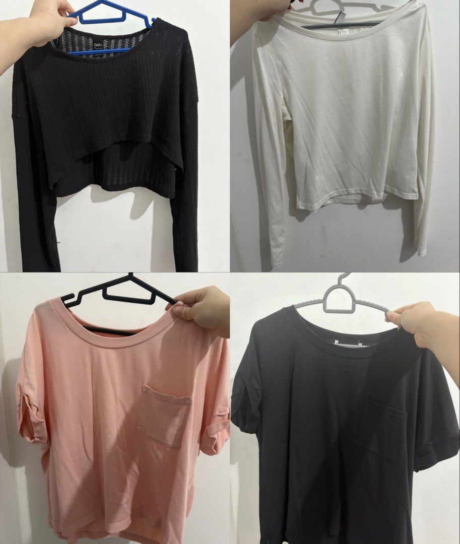 assorted tops (Category: Shirts) located in Singapore. Submitted by lovedby_z (Listing ID 1445397449, Image 1). Description: used long sleeves and short sleeves 1. black long sleeve cover up; from shein 2. white long sleeve; from h&m 3. pink short sleeve; from padini 4. black short sleeve; from padini $3 each! price negotiable if you buy more :) check out my other listings for more preloved clothes! mailing +$2 .