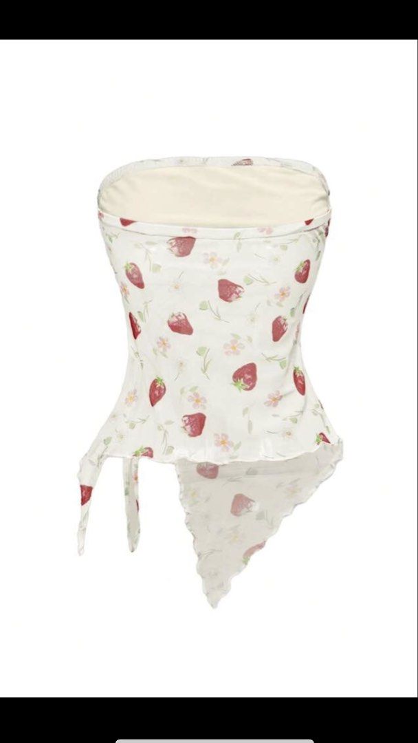Asymmetrical Hem Summer tube top (Category: Others Tops) located in Makati City. Submitted by hemeli (Listing ID 1445338112, Image 3). Description: Kawaii Strawberry Print Y2k style, mesh fabric Apricot / XS.