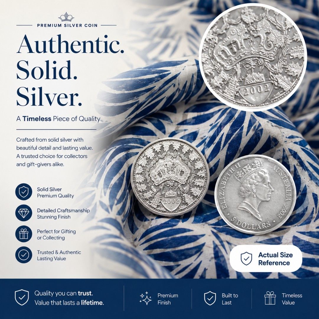 Authentic Solid Silver Coin - 2002 Australia 5 Dollars 1oz (Category: Currency) located in Manila. Submitted by starthings (Listing ID 1445316526, Image 1). Description: - Genuine 2002 Australian Solid Silver Coin - Premium quality with beautiful finish - Ideal for coin collectors or as a special gift - Authentic piece with lasting value - Actual size reference in photos.