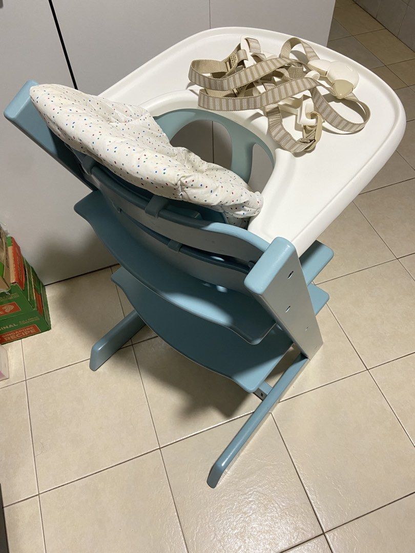 Authentic Stokke Tripp Trapp high Chair - Aqua Blue with full set accessories (Category: Baby High Chairs) located in Singapore. Submitted by rainbowafterrain_sg (Listing ID 1445259335, Image 3). Description: Well used in Great conditions Cleaned and sanitised . Colour : Aqua Blue Comes with •Babyset •Harness •Extended gliders (not in the photos) •Tray (well used) • Cushion Self pick up from TPY Delivery $25.