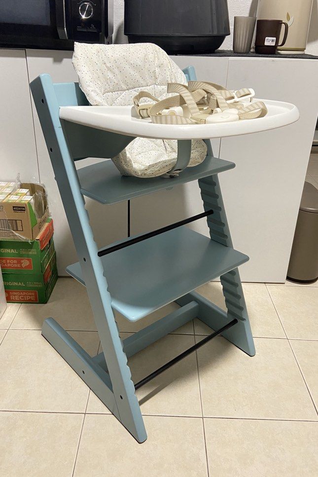 Authentic Stokke Tripp Trapp high Chair - Aqua Blue with full set accessories (Category: Baby High Chairs) located in Singapore. Submitted by rainbowafterrain_sg (Listing ID 1445259335, Image 1). Description: Well used in Great conditions Cleaned and sanitised . Colour : Aqua Blue Comes with •Babyset •Harness •Extended gliders (not in the photos) •Tray (well used) • Cushion Self pick up from TPY Delivery $25.