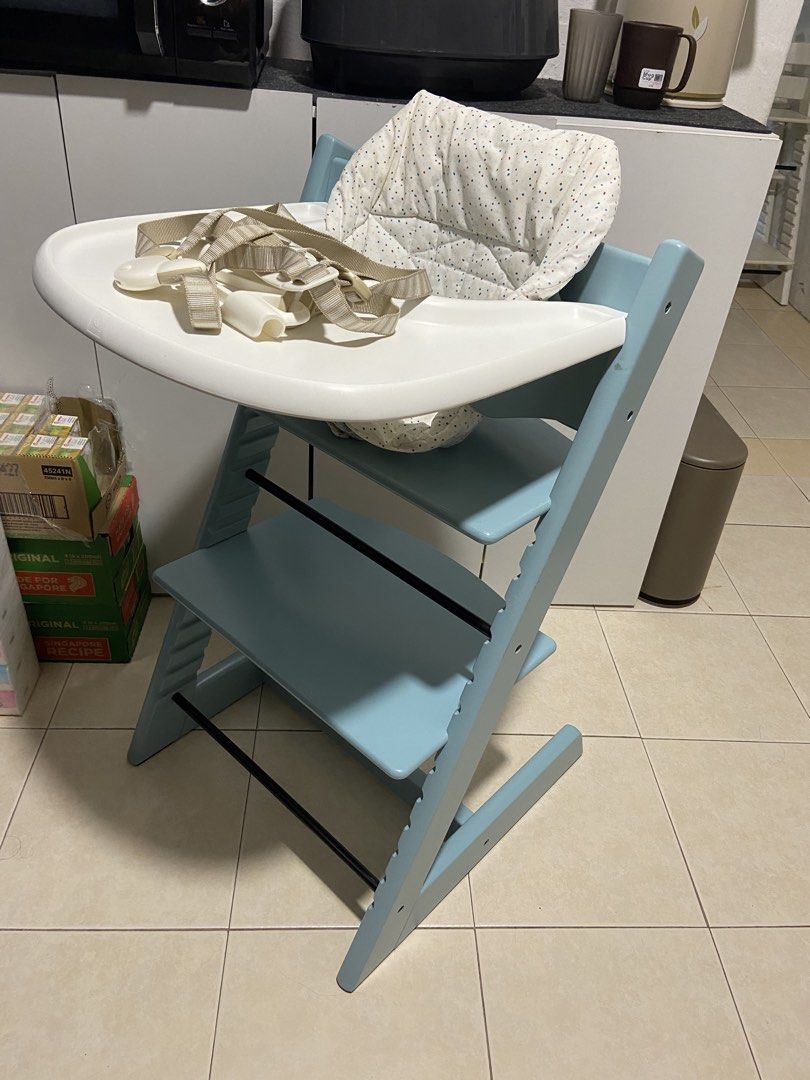 Authentic Stokke Tripp Trapp high Chair - Aqua Blue with full set accessories (Category: Baby High Chairs) located in Singapore. Submitted by rainbowafterrain_sg (Listing ID 1445259335, Image 2). Description: Well used in Great conditions Cleaned and sanitised . Colour : Aqua Blue Comes with •Babyset •Harness •Extended gliders (not in the photos) •Tray (well used) • Cushion Self pick up from TPY Delivery $25.