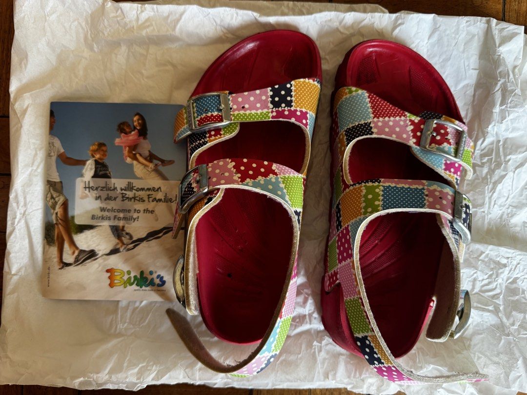 Birki's Birkenstock Red Sandals (Category: Flats & Sandals) located in Manila. Submitted by wisefox_401c59 (Listing ID 1445244053, Image 2). Description: - Fun patchwork design Birki's sandals - Red base with colorful squares and polka dots - Adjustable straps with buckles for a perfect fit - High-quality shoes, made in Germany - Ideal for casual everyday wear - Original box and booklet included EU SIZE: 33 NARROW FIT SLIGHT WEAR INSIDE OF SANDAL
