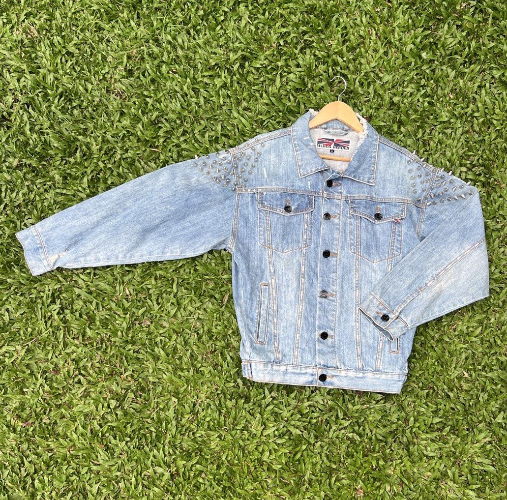 BLUES HEROES SPIKE DENIM JACKET (UNISEX) (Category: Coats, Jackets and Outerwear) located in Solano. Submitted by aljoners (Listing ID 1444573251, Image 2). Description: Size: S Width: 21.5 Length: 25.5 Color rate: 10/10 Condition: 10/10 Issue/s: 2 missing spike but unnoticeable and minimal rust stain but unnoticeable “Color may vary due to lighting”.