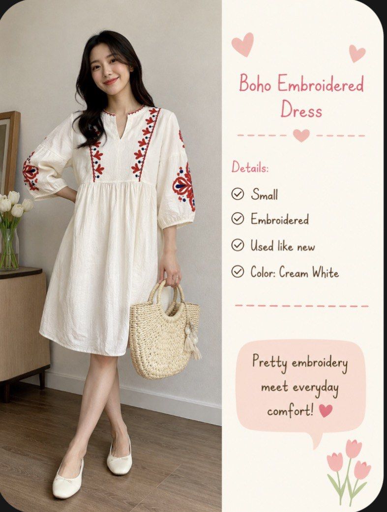 Boho Embroidered Cream White Dress (Category: Dresses) located in Quezon City. Submitted by iamJesO (Listing ID 1445340284, Image 1). Description: - Cream white boho dress - Pretty red and blue embroidery - Relaxed fit - 3/4 sleeves - Size: Small to medium - Condition: Excellent, used like new - Comfortable for everyday wear.