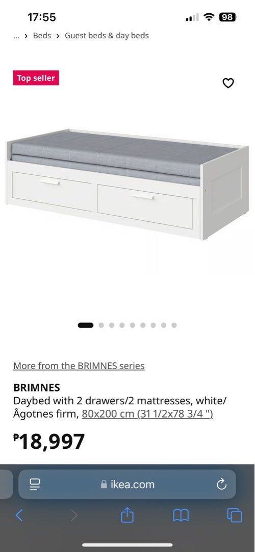 Brimnes Daybed with Agotnes Foam 2 (Category: Bed Frames & Mattresses) located in Pasig City. Submitted by the90sph (Listing ID 1445331248, Image 3). Description: - BrimnesWhite daybed frame - Two large storage drawers for easy access - Agotnes Foam / Light grey fabric mattress included - Ideal for bedrooms or guest rooms - Great for saving space and keeping organized - Selling as is - 80x200 foam - 2 pcs (1,999 each) -Brimnes daybed - assembled 