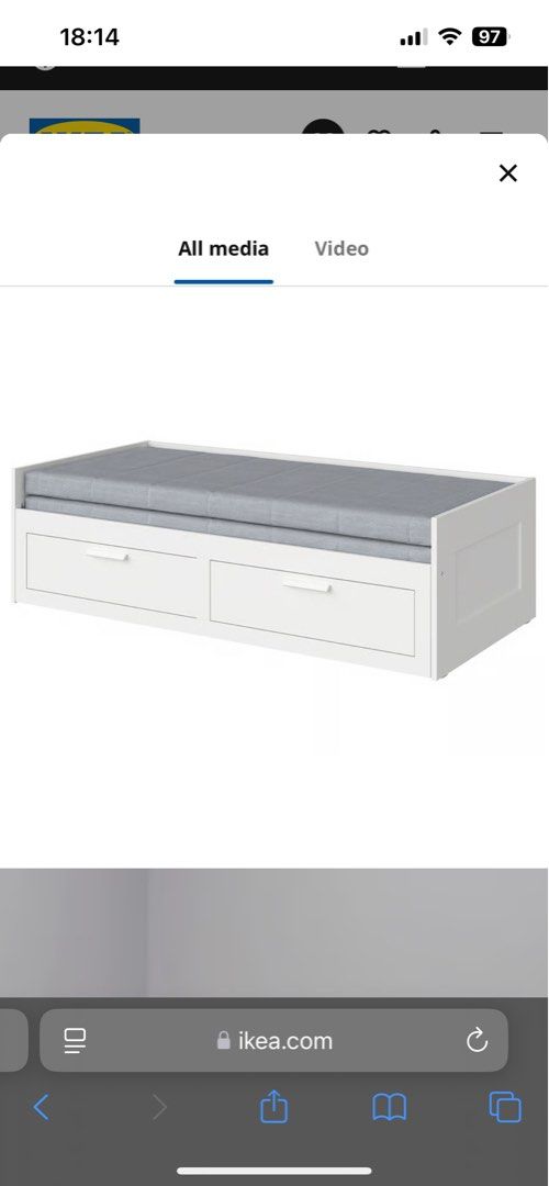Brimnes Daybed with Agotnes Foam 2 (Category: Bed Frames & Mattresses) located in Pasig City. Submitted by the90sph (Listing ID 1445331248, Image 1). Description: - BrimnesWhite daybed frame - Two large storage drawers for easy access - Agotnes Foam / Light grey fabric mattress included - Ideal for bedrooms or guest rooms - Great for saving space and keeping organized - Selling as is - 80x200 foam - 2 pcs (1,999 each) -Brimnes daybed - assembled 