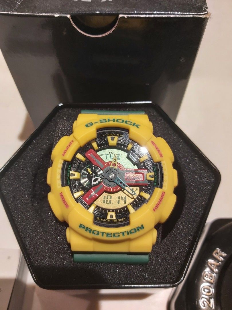 Casio G-Shock GA-110RF-9A "Rasta" (Category: Men's Watches) located in Cainta. Submitted by rylo7 (Listing ID 1445328554, Image 3). Description: Brand new limited edition and collector's item Casio G-Shock GA-110RF-9A aka "Rasta". Selling this semi rare timepiece for P9,000 only. Guaranteed authentic and legit. Part of my G-Shock watch collection. Comes with box, tin can, manual, etc. A true G-Shock watch collector should have this semi rare and 
