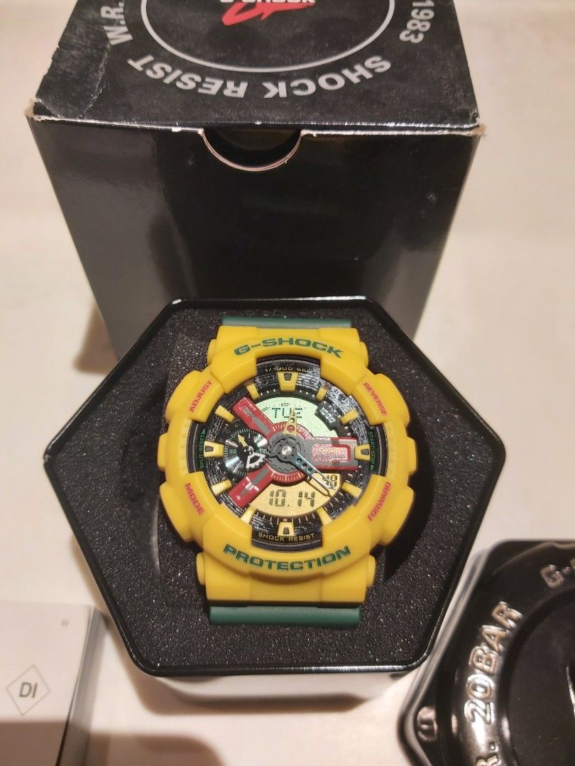 Casio G-Shock GA-110RF-9A "Rasta" (Category: Men's Watches) located in Cainta. Submitted by rylo7 (Listing ID 1445328554, Image 2). Description: Brand new limited edition and collector's item Casio G-Shock GA-110RF-9A aka "Rasta". Selling this semi rare timepiece for P9,000 only. Guaranteed authentic and legit. Part of my G-Shock watch collection. Comes with box, tin can, manual, etc. A true G-Shock watch collector should have this semi rare and 