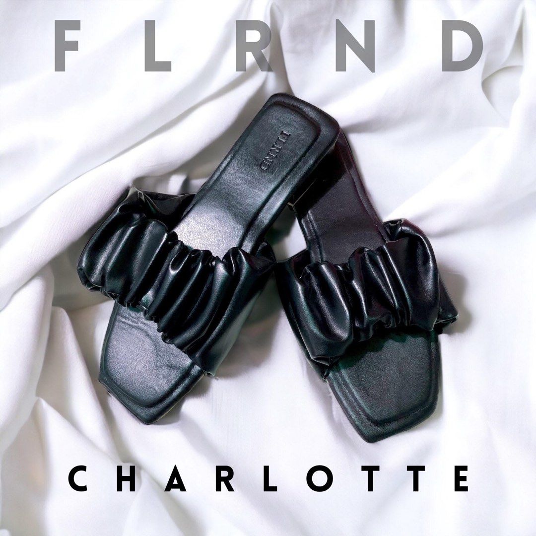 Ruched Slide Sandals WITH BOX (Category: Flats & Sandals) located in Manila. Submitted by xomatchacollection (Listing ID 1445406123, Image 2). Description: - Cute slide sandals from FLRND - Model: Charlotte - Features a stylish ruched strap across the foot - Available colors: Sage Green, Black, Caramel Brown, Dusty Rose - Easy slip-on design - Ideal for casual everyday wear.