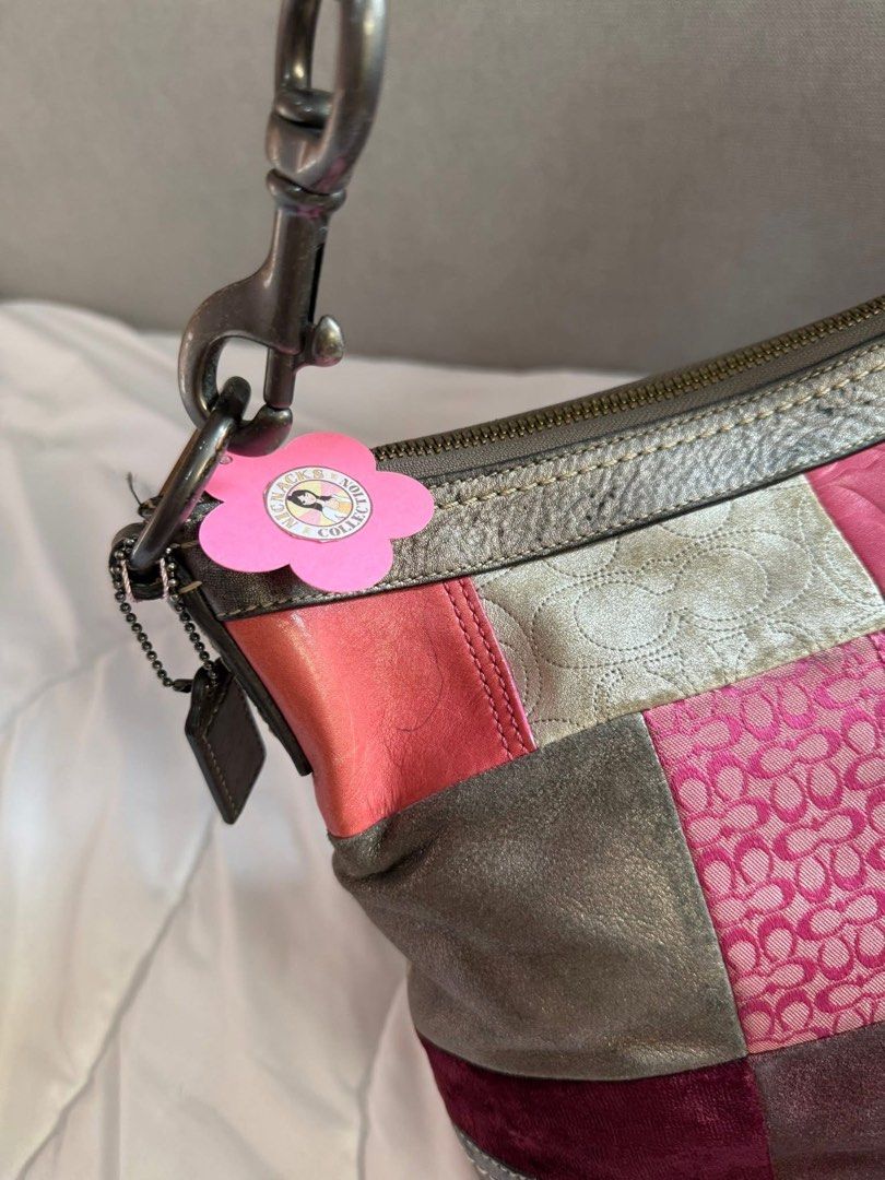 Coach Patchwork Pink Hobo Bag (Category: Luxury Bags & Wallets) located in Calasiao. Submitted by nicnaks_collection (Listing ID 1445348116, Image 2). Description: 𐙚 ‧₊˚ ⋅ Cch Patchwork Two way For layaway 2 weeks + ₱200 30% dp. ♡⸝⸝ All items are guaranteed authentic. ⟢ Normal signs of usage ⟢ pen mark on side part ⟢ suade needs cleaning ⟢ peel on rubber lining ⟢ leather fadings & oxidation Kindly read our shop rules. Strictly no cancellation, e