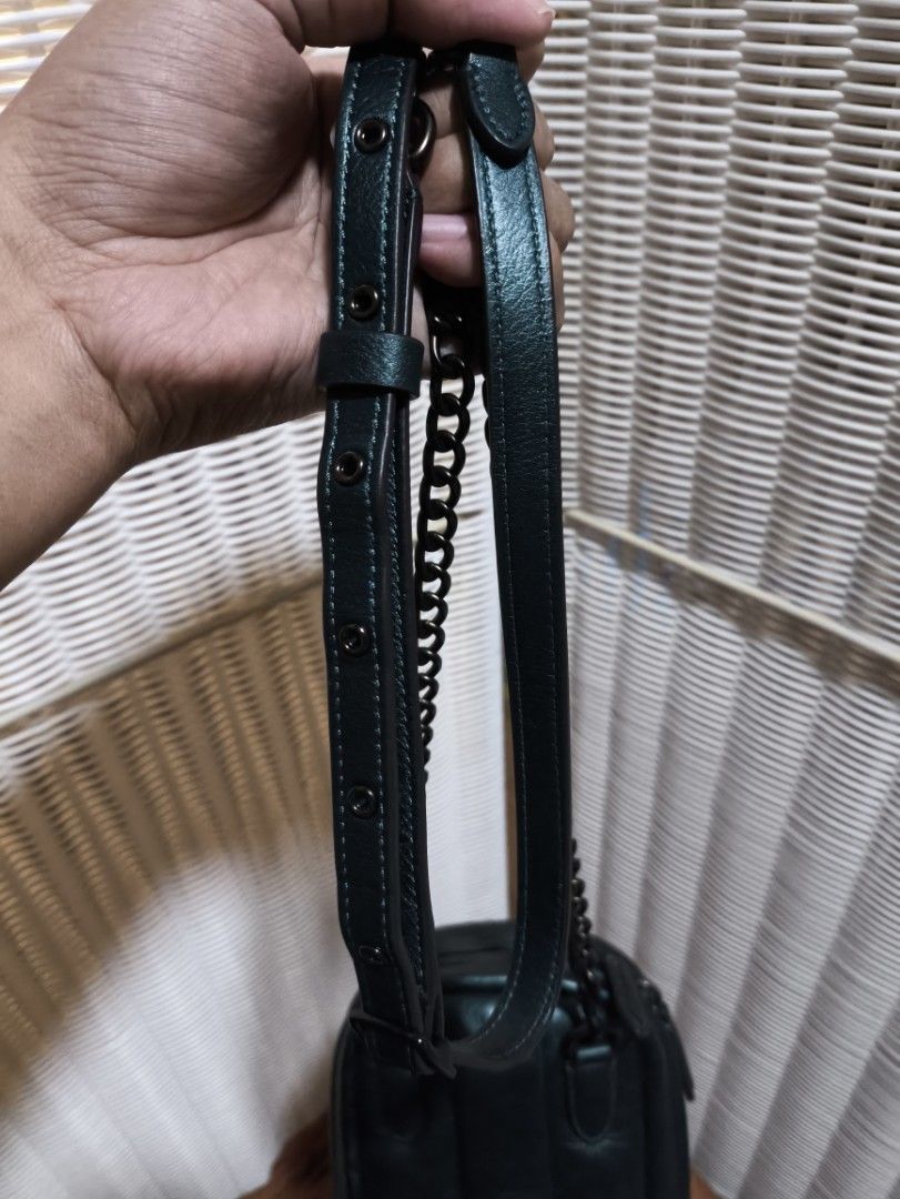 COACH Tall Camera Bag with Quilting (Category: Cross-body Bags) located in San Jose. Submitted by nnayramsfinds (Listing ID 1445294973, Image 3). Description: -No hangtag (lost it) -Dark metallic green -year 2021 -SF is 75.