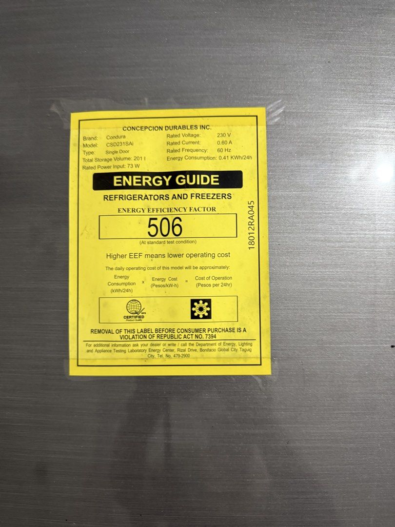Condura Refrigerator CSD231SAI Inverter (Category: Refrigerators and Freezers) located in Valenzuela. Submitted by d3clut (Listing ID 1445300329, Image 2). Description: - Condura Refrigerator CSD231SAI Condura CSD231SAi 7.7 cu.ft Inverter Refrigerator - Total Storage Volume: 50L - Ideal for small spaces - Energy Consumption: 0.41 kWh/24h - Power Input: 73W - Rated Voltage: 230V - Manufactured in the Philippines - Works well Brand: Condura • Model