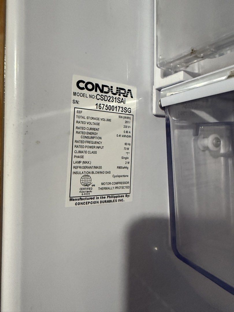 Condura Refrigerator CSD231SAI Inverter (Category: Refrigerators and Freezers) located in Valenzuela. Submitted by d3clut (Listing ID 1445300329, Image 1). Description: - Condura Refrigerator CSD231SAI Condura CSD231SAi 7.7 cu.ft Inverter Refrigerator - Total Storage Volume: 50L - Ideal for small spaces - Energy Consumption: 0.41 kWh/24h - Power Input: 73W - Rated Voltage: 230V - Manufactured in the Philippines - Works well Brand: Condura • Model