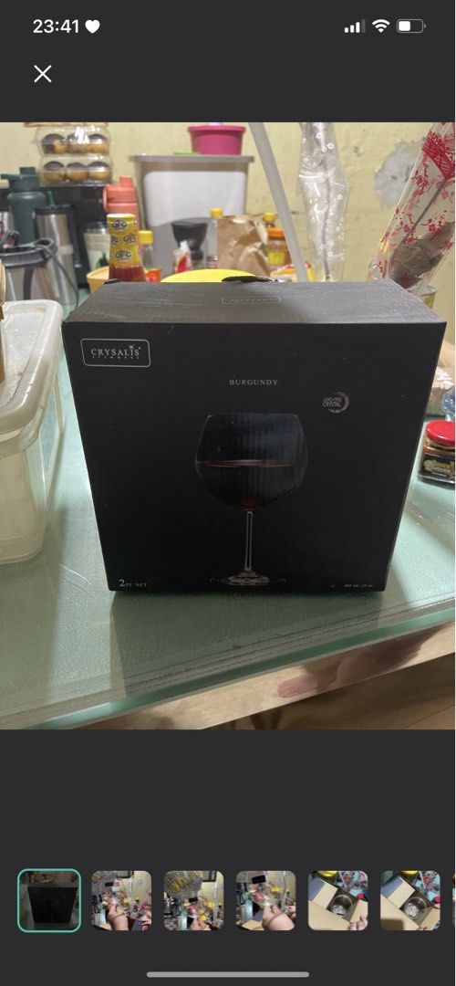 Crystallis Burgundy Wine Glass 2-Pc Set (Category: Dinnerware & Cutlery) located in Quezon City. Submitted by rish40 (Listing ID 1445390112, Image 1). Description: - Set of 2 Crystallis Burgundy wine glasses - Large bowl shape, ideal for red wine - Features a unique ribbed texture on the bowl - Comes in original packaging - Perfect for gifting or personal enjoyment.