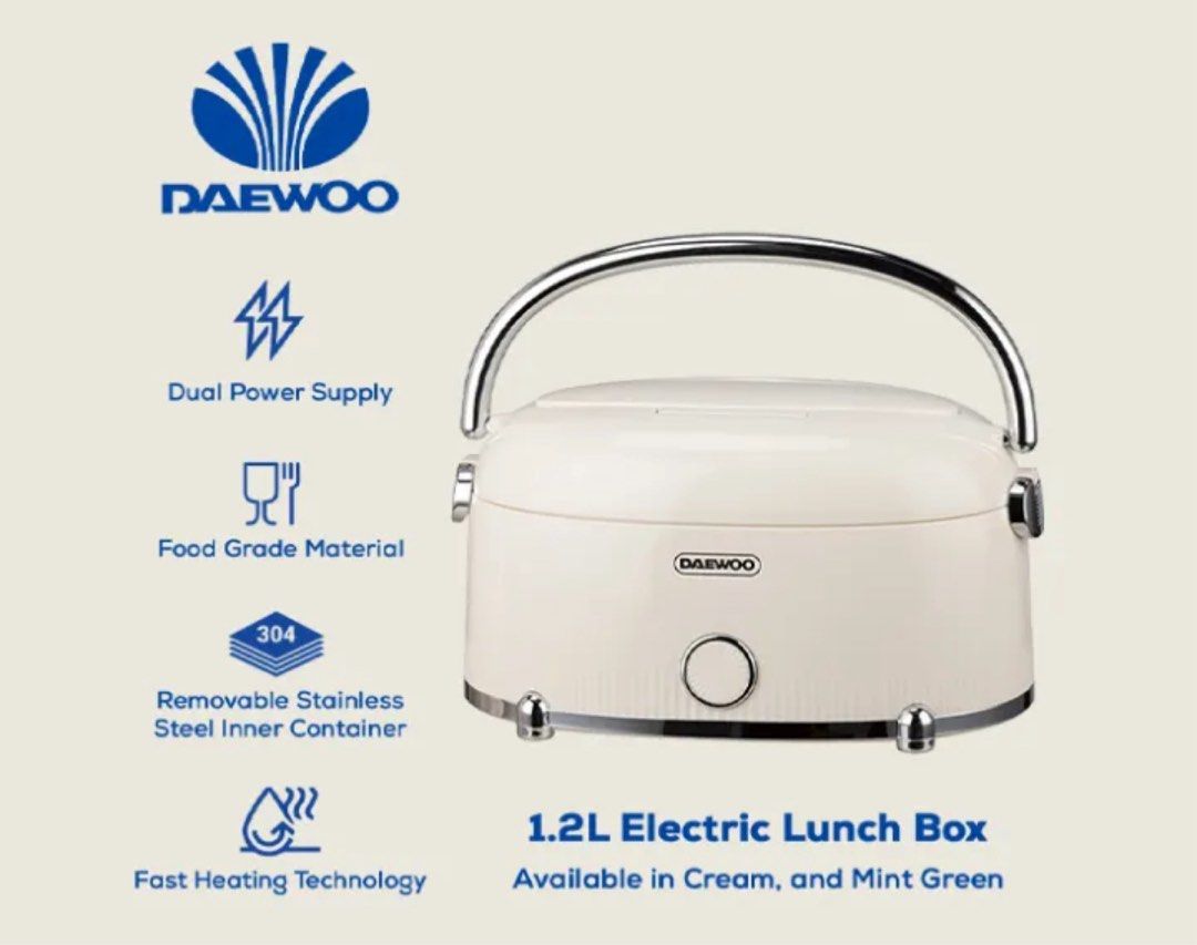 Daewoo 1.2L Portable Electric Lunch Box (Category: Food Organization & Storage) located in Kawit. Submitted by bimmmmms2026 (Listing ID 1445314920, Image 2). Description: - Daewoo 1.2L Portable Electric Lunch Box - Color: White with Silver Handle - Ideal for heating meals on the go - Compact and easy to carry - Perfect for work or school lunches.