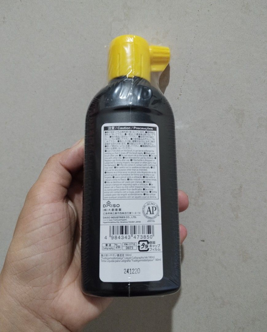 Daiso Calligraphy Liquid Ink 180ml / 6oz (Category: Craft Supplies & Tools) located in Batangas. Submitted by fabufindsstore. (Listing ID 1445384289, Image 2). Description: Daiso Calligraphy Liquid Ink Color: Black Size: 180ml (6oz) Origin: Made in Japan Features an easy-to-use bottle with a yellow cap 170 only Mode of Payment (Gcash Payment first) Delivery thru J&T (SF shoulder by buyer) .